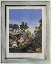 Daphnis und Chloe befreien Dorcon von ihren Hunden. Illustration aus Les Amours pastorales de Daphnis et Chloe, 1787