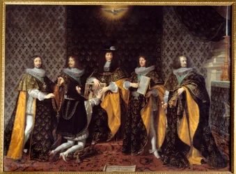 König Ludwig XIV. empfängt seinen Bruder, den Herzog von Anjou, als Ritter des Ordens vom Heiligen Geist, 17. Jahrhundert, Grenoble, Musée des Beaux-Arts
