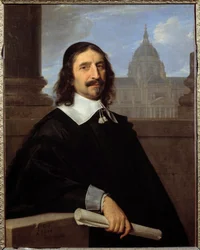 Porträt des Architekten Jacques Lemercier (1585-1654) vor der Kapelle der Sorbonne