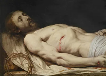 Der tote Christus auf sein Leichentuch gelegt, Detail des mittleren bis oberen Körpers, vor 1654