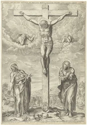 Christus am Kreuz flankiert von Maria und Johannes in einer Landschaft