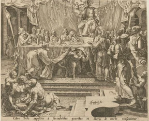 Priester des Bel essen und trinken im Tempel [Blatt 4] und Daniel füttert den Drachen [Blatt 7], Blätter 4 und 7 der Folge „Die Geschichte von Daniel, Bel und dem Drachen“