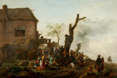 Fröhliche Gesellschaft vor einem Gasthaus