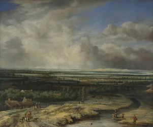 Eine weite Landschaft mit einer Falkenjagdgesellschaft, ca. 1670