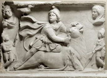 Zivilisation der Phönizier: Opferszene, die die Gottheit Mithra darstellt, die den Stier opfert. 2. oder 3. Jahrhundert n. Chr. Marmorrelief. Paris, Louvre Museum