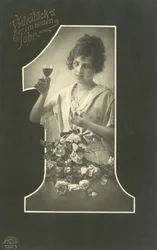 Neujahrskarte mit einem Mädchen, das einen Toast ausbringt