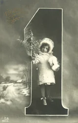 Neujahrskarte mit kleinem Mädchen in einer Pelzkapuze