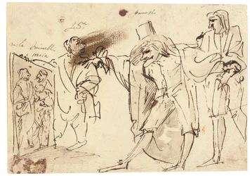 Karikatur des Künstlers, der ein Bild von sich und Simonelli dem Sammler Panesio und einem anderen Zuschauer präsentiert