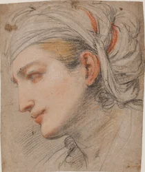 Hoved af en ung kvinde med hovedklæde i profil mod venstre