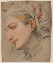 Hovedet af en ung kvinde med hovedtørklæde, profil mod venstre