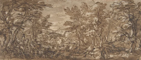 Waldszene, ein Halt links, eine Jagd in der Mitte, 1612-66