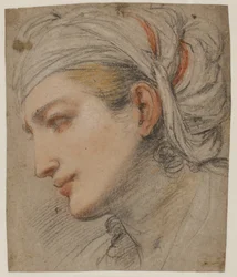 Kopf einer jungen Frau mit Kopftuch, im Profil nach links