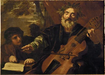 Der Dichter Homer mit einer Lyra da Gamba, einem Instrument zur Begleitung von Balladen