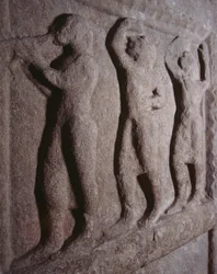 Musiker, Detail von der Grabstele von Pontassieve, Toskana, Italien, etruskische Zivilisation, 5. Jahrhundert v. Chr.