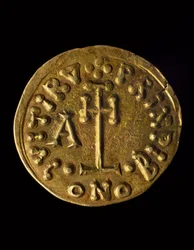 Solidus von Prinz Arechi, Rückseite, lombardische Münzen, 8. Jahrhundert