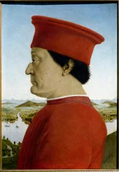 Porträts von Federico de Montefeltro, Herzog von Urbino und Battista Sforza (Detail von Federico da Montefeltro)