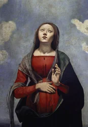 Die Jungfrau Maria mit der Taube des Heiligen Geistes über ihr, umgeben von sechs Heiligen. Detail (um 1505)