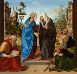 Die Heimsuchung mit St. Nikolaus und St. Antonius Abt, ca. 1489-1490