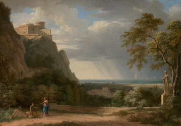 Klassische Landschaft mit Figuren und Skulptur