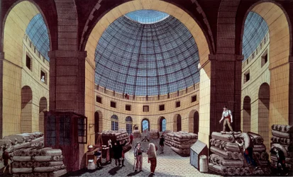 Ansicht der Halle au blé, gelegen am heutigen Hotel de Soissons (Börse) in Paris. Gravur von Guiguet nach Pierre Courvoisier (1756-1804) 18. Jahrhundert. Paris, B.N.