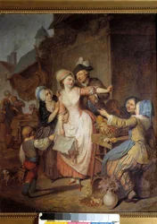 Die Verführung Ein Mann verführt eine junge Frau, indem er ihr einen Blumenstrauß anbietet, eine andere Frau scheint sie zu warnen.