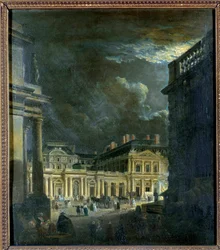 Der Place du Palais Royal in Paris bei Mondschein (Gemälde von Pierre Demachy, 18. Jahrhundert)