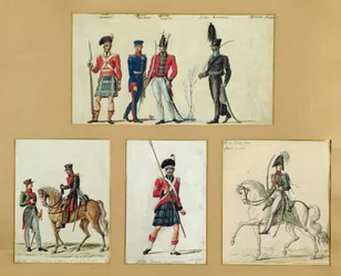 Die Uniformen schottischer Soldaten und preußischer, englischer, hannoveranischer und russischer Offiziere im Jahr 1814