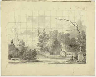Blick auf den Park von Versailles: Balustrade mit zwei Sphinxen und Urne