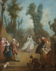 Elegante Figuren spielen Federball in einem Park, ca. 1730