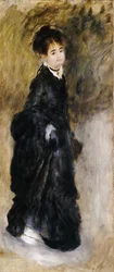 Eine junge Frau, ganzfigur, hält ihren Rock hoch, 1877