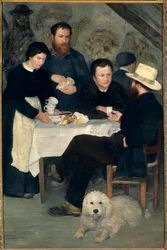 Bei Mutter Antony in Marlotte: Claude Monet, Alfred Sisley und Charles Le Coeur am Tisch mit Mutter Anthony