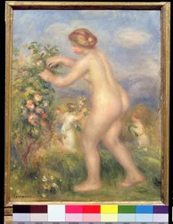 Weiblicher Akt beim Blumenpflücken