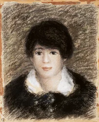 Junge Frau, Ansicht des Gesichts mit einem schwarzen Kleid und einem weißen Kragen. Zeichnung von Pierre-Auguste Renoir