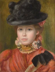 Mädchen mit schwarzem Hut und roten Blumen