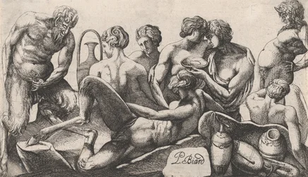 Acht Satyrn und Satyrinnen beenden eine Mahlzeit (1607-61)