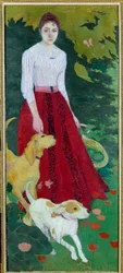 Ganzkörperporträt von Mademoiselle Andree Bonnard mit ihren Hunden