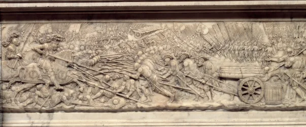 Die Schlacht bei Marignano im Jahr 1515. Grabmal des Herzens des französischen Königs Franz I. (1494-1547): Flachrelief von Pierre Bontemps (ca. 1507-1568)