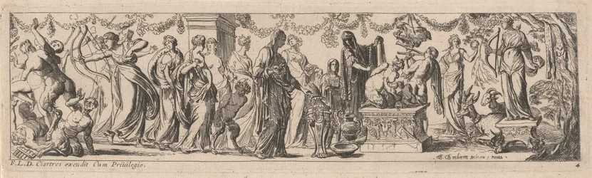 Weiblicher Satyr mit Kindern auf einem Altar