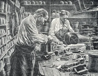 Seidenzylinder-Herstellung. Gravur von Pierre Calmette. Private Sammlung
