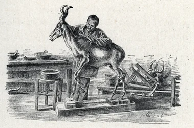 Präparation: Ein Präparator stopft ein Hartebeest in seiner Werkstatt, Gravur aus "Exkursion durch die Berufe" von Pierre Calmette, Privatsammlung