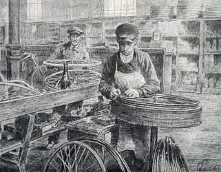 Arbeiter befestigen die Speichen an den Felgen eines Fahrrads während der Herstellung (Gravur aus der Sammlung Pierre Calmette)