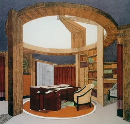 Entwurf für ein Arbeitszimmer mit Bibliothek (Bureau-Bibliothèque) für die Ambassade de France, präsentiert auf der Internationalen Ausstellung für dekorative Kunst in Paris 1925, Frankreich, 20. Jahrhundert