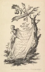 Titelseite: Ein lächelnder Mann hält eine Ecke eines an einen Feigenbaum gebundenen Tuchs und zeigt mit einem Finger, 1759