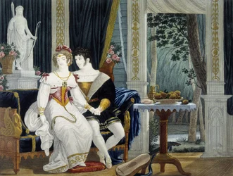 Junges bürgerliches Paar in einem Innenraum in galanter Konversation - von Pierre Chasselat, Anfang des 19. Jahrhunderts