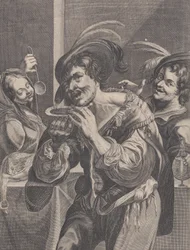 Mann isst Suppe, während zwei Personen ihm zuschauen, 1624-75