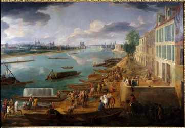 Ansicht von Paris, vom Quai de la Rapée aus im Jahr 1716 (Detail der Boote auf der Seine und Aktivitäten). Gemälde von Pierre Denis Martin (1663-1742) 1716. Maße 1,7x3,15 m. Paris, Musée Carnavalet