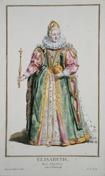 Elisabeth I. (1530-1603) aus „Recueil des Estampes, représentant les Rangs et les Dignités, suivant le Costume de toutes les Nations existantes“, veröffentlicht 1780