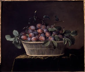 Korb mit Pflaumen. Gemälde von Pierre Dupuis