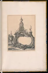 Kartusche mit einem Brunnen und einem Obelisken im Hintergrund