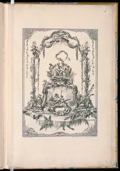 Ornamenttafel mit einem Doppel-Kartusche, die Venus oder Thetis mit ihren Nymphen und einem Brunnen zeigt